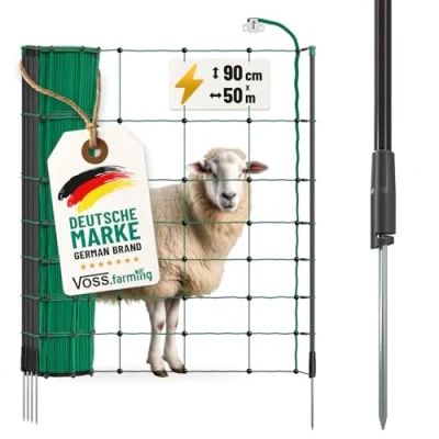 Immagine di VOSS.farming Rete per recinzioni da pascolo elettrificabile, Altezza 90 cm e 50 m di Lunghezza, a Punta Singola, 14 Pali Neri, Colore Verde Pino