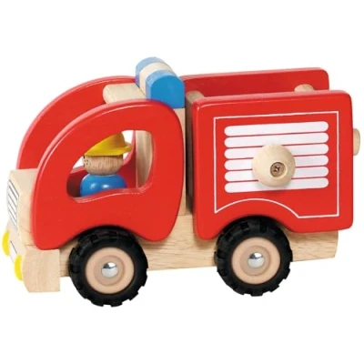 Immagine di Goki 55927 Camion dei Pompieri in Legno massello, Auto Giocattolo Rossa con Pneumatici Gomma e Vigile del Fuoco, dai 2 Anni su