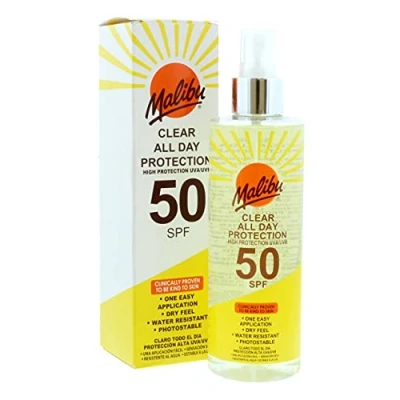 Immagine di Malibu All Day Spray trasparente con protezione solare SPF 50, resistente all&#039;acqua, 250 ml