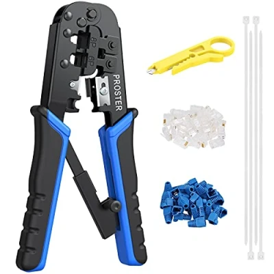 Immagine di Proster Strumento di Crimpatura RJ45 Cat5 Pinza Crimpatrice per Cavi e Rete Cat5e RJ 11 6P/RJ 12 8P/RJ 45 con Connettori Coperture Fascetta in Nylon Spellafili Cavo