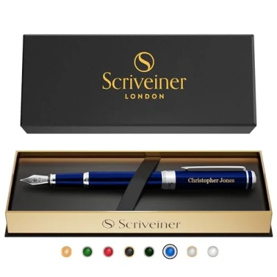 Immagine di Scriveiner Penna Blu Notte Personalizzata Elegante di Lusso in Lacca Blu, Finitura Cromata, Pennino Schmidt Tedesco (Medio), Set Regalo Inciso per Uomo e Donna, Incisione Nome