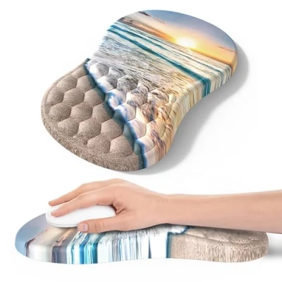 Immagine di tappetino per mouse con poggiapolsi, ergonomico alleviare il dolore nel tunnel carpale, memory foam base in gomma antiscivolo, computer, laptop, desktop (mare e spiaggia)