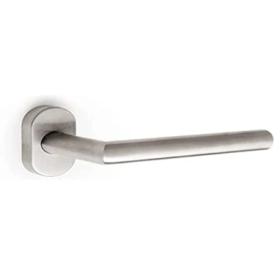 Immagine di Emuca maniglie porta interna, set di 2 coppie per da interno con rosetta ovale,forma L dritta, Acciaio inossidabile, Nichel satinato.