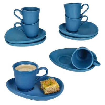 Immagine di MamboCat Set di 6 tazze da caffè con piattini, blu opaco, per persone, in porcellana, colazione e caffè, piccole piattini