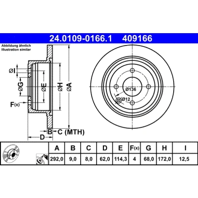 Immagine di ATE 24.0109 0166.1 Disco freno 292,0 9,0 4 114,3 pieno rivestito NISSAN: Tiida Hatchback, Cube