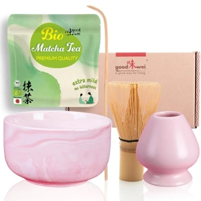 Immagine di Goodwei Set di Matcha Completo Tazza Cerimoniale con frusta e cucchiaio incl. Tè Biologico Giapponese (Pinku)