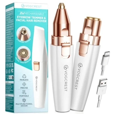 Immagine di VG VOGCREST rasoio viso per sopracciglia: 2 in 1 ricaricabile la rimozione dei peli del e delle sopracciglia, viso, labbra, corpo, indolore, con luce LED integrata (Bianco)