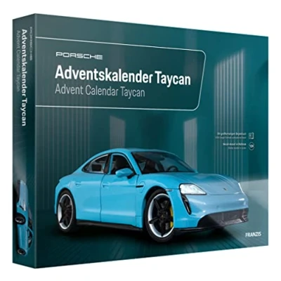 Immagine di FRANZIS 67203 Porsche Taycan Calendario Dell&#039;Avvento Blu Frozen, Modellino in Metallo, Scala 1:24, Modulo Sonoro e Libretto di 52 Pagine, Colore Blue, Multicolore, Small