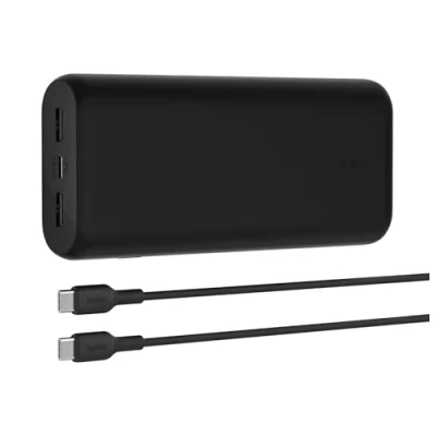 Immagine di Belkin BoostCharge Power bank 20000 mAh compatta con 3 porte e PD 20W, caricatore portatile per iPhone 15, 14, 13, AirPods, Samsung Galaxy, Pixel ecc, design ideale i viaggi, cavo da USB C a