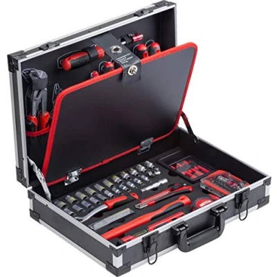 Immagine di Meister Cassetta degli attrezzi, 109 pezzi, robusta valigetta in alluminio, set di per casa, garage e officina/cassetta attrezzi professionale, riempita con completa