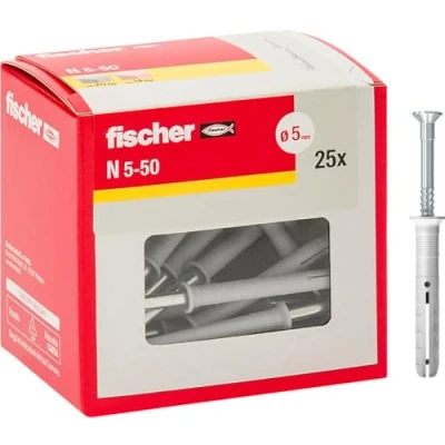 Immagine di Fischer Tasselli Prolungati N 5 x 50 Y, Fissaggio a Percussione con Chiodo Premontato per Pieno, Semipieno e Calcestruzzo, 25 Pezzi Confezione, Grigio, mm