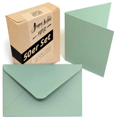 Immagine di Japun Set di 50 biglietti pieghevoli vuoti comprese buste, da progettare, etichettare o stampare DIN A6 / C6 verde