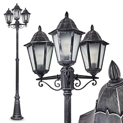 Immagine di Lampada da esterno/giardino Lignac Frost, candelabro effetto antico, fusione di alluminio nero/argento con vetri, luce percorso a 3 bracci, regolabile in altezza, retrò, E27, IP44, senza lampadine