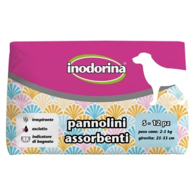 Immagine di Inodorina, Pannolini Assorbenti Usa e Getta, Tecnologia Traspirante Indicatore di Bagnato, con Buco per la Coda Alette Lunghe, Cani Peso da 2 5 kg, Taglia S, 12 pezzi