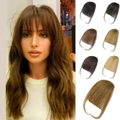 Immagine di frangia con clip, 100% veri capelli umani, extension ad aria, curva, per donne da indossare tutti i giorni (marrone scuro, clip nella francese)
