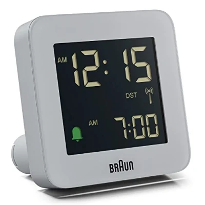 Immagine di Braun Sveglia digitale radiocontrollata per fuso orario dell&#039;Europa centrale (DCF) con snooze, display LCD, impostazione rapida, allarme acustico in crescendo, grigio, modello BC09G DCF.