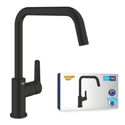 Immagine di GROHE QuickFix Start, Miscelatore per lavello da cucina a 1 leva (bocca alta U, area girevole 150, cartuccia in ceramica 28 mm, attacchi 3/8&quot;, installazione QuickMount), 310 nero opaco