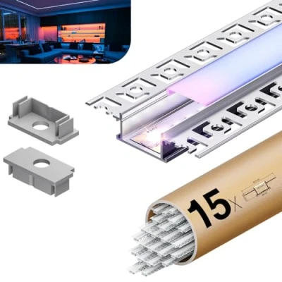 Immagine di KOSOOM Profilo LED 2 m x 15 pezzi tol 30m, Con coperchio opaco, profili Dimensioni 28 mm 13,8 (Alette 64,2 mm), Supporta strisce di larghezza inferiore o uguale a 20,2
