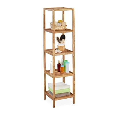 Immagine di Relaxdays Scaffale da Bagno in Legno di Noce, HLP: 145 x 36 cm, 5 Ripiani, Mobiletto Salvaspazio Cucina, Naturale, 1 pz