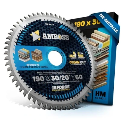 Immagine di lama per sega circolare HM 190 x 30 20 Z60 dentata piatta trapezoidale alluminio. AMBOSS WERKZEUGE® mm + anello riduttore mm. compatibile con Bosch GKS 190. 65