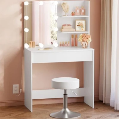 Immagine di WOLTU Postazione Trucco con Luce e Specchio Regolabili, Toeletta Sgabello, Regolabile Girevole, Scrivania Cassetto Ripiani Aperti, Mobile Bianco, MB6113ws
