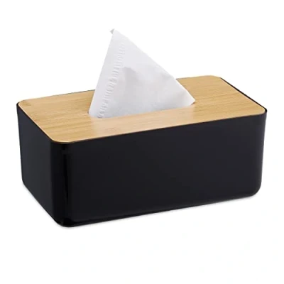 Immagine di Relaxdays Contenitore per Fazzoletti, Porta Salviette Trucco Il Bagno, Coperchio in Legno, HxLxP: 10x23x13 cm, Nero, 80% plastica 20%