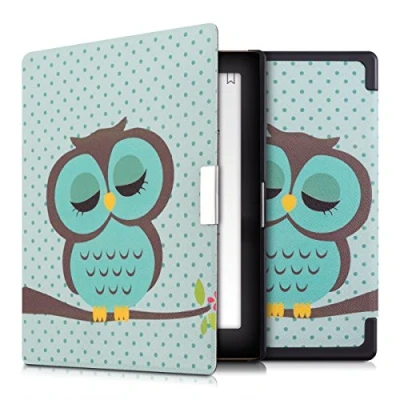 Immagine di kwmobile Custodia eReader Compatibile con Kobo Aura Edition 1 Cover eBook Reader Flip Case turchese/marrone/menta Civetta dormiente