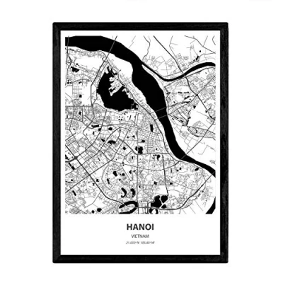 Immagine di Nacnic Poster Mappa di Hanoi Vietnam. Città asiatiche Fogli con Mari e fiumi, in Colore Nero. Formato A4