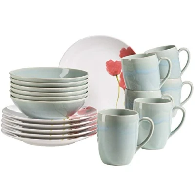 Immagine di MÄSER 931927 Ossia Aguarela Set di stoviglie per 6 persone, in stile vintage, 18 pezzi, ceramica, con piatto da colazione, ciotola cereali e tazza caffè, grande, papavero, gres