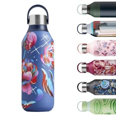 Immagine di Chilly&#039;s Bottle Series 2 Bottiglie termiche in acciaio inossidabile con colletto liscio e laccetto Galaxy Bloom, 500ml