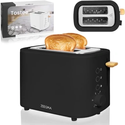 Immagine di Zeegma Tostee Tostapane 820W, 2 Fette, Funzioni Scongelamento e Riscaldamento, Regolazione Tempo di Cottura, Vassoio per Briciole, Design in Acciaio Inox, Slot Ampio 3,8 cm (Nero, TOSTEE)