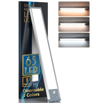 Immagine di Luci Per Armadio Senza Fili Regolabile 65LED,Led Sensore Movimento 33.5CM Ricaricabile USB C 2500mAh Luce Led Sottopensile Cucina Scale Corridoio, 3 Temperature di Colore