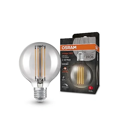 Immagine di OSRAM Lampade a LED Dimmabile, Edizione vintage, 42 Watt Sostituzione, E27, G80, 1800 Kelvin, luce di comfort caldo, vetro trasparente, pacchetto singolo