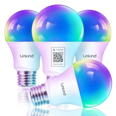 Immagine di Linkind Matter Smart RGBTW Lampadine,Lampada E27 Compatibile con Siri,Alexa, Google Home, SmartThings, 9W(Equivalenti a 60 W), Dimmerabile 1800K 6500K Lampadine Multicolore A60, Pacco da 4