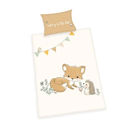 Immagine di Herding Set Biancheria da Letto Amici della Foresta, MADE IN GREEN by OEKO TEX, Federa ca. 40 x 60 cm, Copripiumino 135 100 Chiusura a Bottoni, 100% Cotone/Flanella, Bianco/Marrone