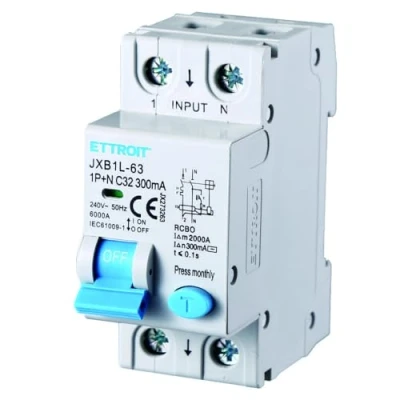 Immagine di Interruttore magnetotermico differenziale salvavita, 1P+N, occupa 2 moduli DIN, 220V 230V, 32A C32, 300mA, 6KA 6000A, RCBO
