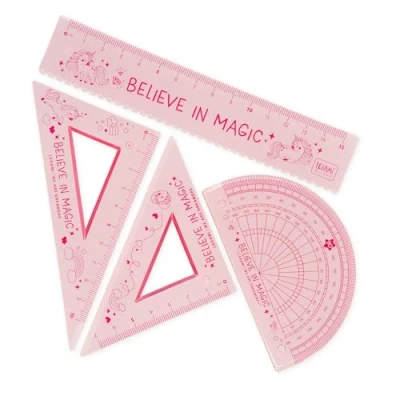 Immagine di Legami Set di Geometria, con Righello da 15 cm, Squadra 60 10 Goniometro 180 per la Scuola, Custodia Inclusa, Materiale Flessibile, Tema Unicorn