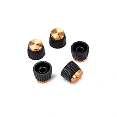 Immagine di Alnicov 5 manopole di ricambio per potenziometro amplificatore chitarra, a pressione alta qualità, e con cappuccio in alluminio dorato, adatte amplificatori Marshall Diametro 6 mm