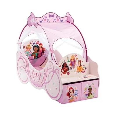 Immagine di Disney Princess, Lettino a forma di carrozza, struttura in legno composito, lati protetti, doghe legno, per materassi da 140 x 70 cm, materasso non incluso
