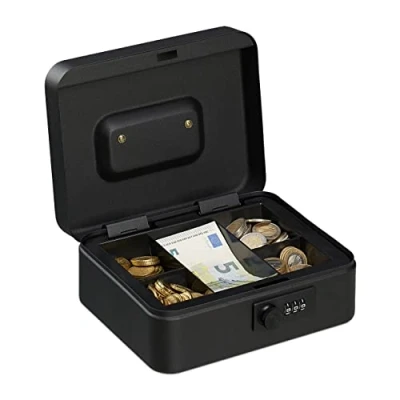 Immagine di Relaxdays Cassetta con Combinazione, 3 Cifre, Porta Soldi, Valigetta in Ferro, Portavalori, 8,5x20x17 cm, nero