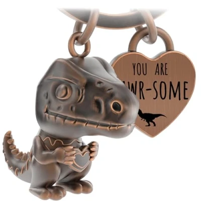 Immagine di LANOLU Portachiavi dinosauro mini rex portafortuna partner e migliore amica, coppia regalo amico in metallo, Rame vintage,