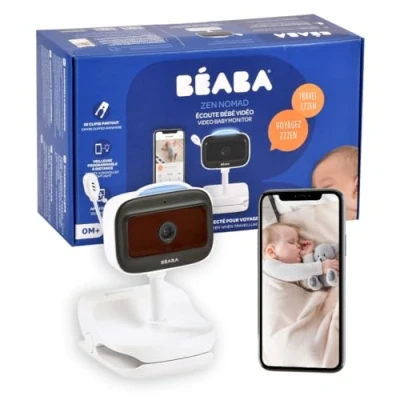 Immagine di BEABA, Baby Monitor Video Wireless Con Clip, Visione Notturna, App Mobile, Luce Notturna Colorata, Walkie Talkie, Ninne Nanne, Termometro Controllo Dell&#039;umidità, 6 Ore Betteria, Zen Nomad Bianco
