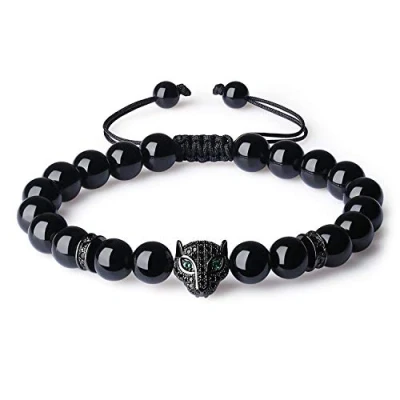 Immagine di COAI Bracciale da Uomo Regolabile in Tormalina con Amuleto Leopardo Zirconi, di Ispirazione Shamballa Pietre Semi preziose