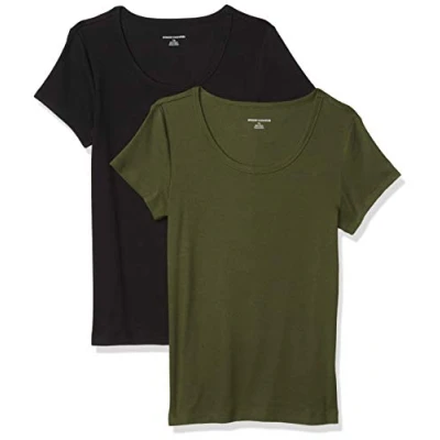 Immagine di Amazon Essentials T Shirt Aderente con Maniche Ad Aletta e Scollo Ampio Donna, Pacco da 2, Verde Oliva Scuro/Nero, XS