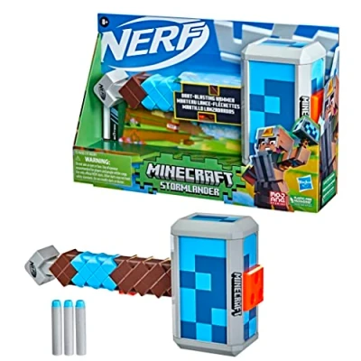 Immagine di Hasbro Nerf Minecraft Martello Lancia Dardi Stormlander, 3 Dardi, Include Elite, Impugnatura Di Armamento A Retroazione, Multicolore