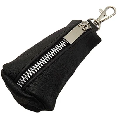 Immagine di Sacchetto chiave di pelle con moschettone Handmade in UE nero diversi designs (Design 1 / Metallo Chiusura lampo)