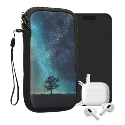 Immagine di kwmobile Custodia in neoprene con zip per smartphone XL 6,7/6,8&quot; Astuccio portacellulare a sacchetto cerniera Borsa verticale Natura e spazio blu/grigio/nero
