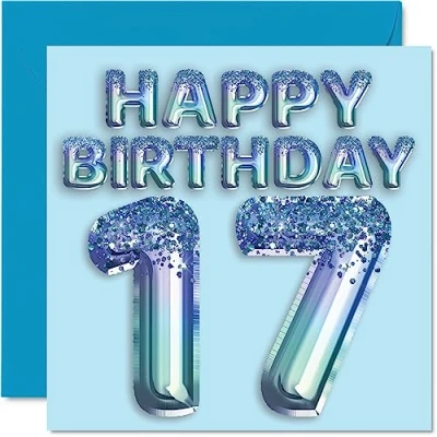 Immagine di Stuff4 Biglietto di auguri per 17 compleanno ragazzi, con palloncini blu glitterati Biglietti anni, figlio, fratello, nipote, 145 mm x mm, diciassette