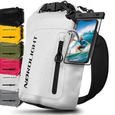 Immagine di Nordlight Dry Bag Sacca Impermeabile + Custodia per Cellulare Chiusura Arrotolabile, Tracolla Zaino Stagna Borsa Spiaggia, Canoa, SUP, Immersioni Bianco, 10 Litri