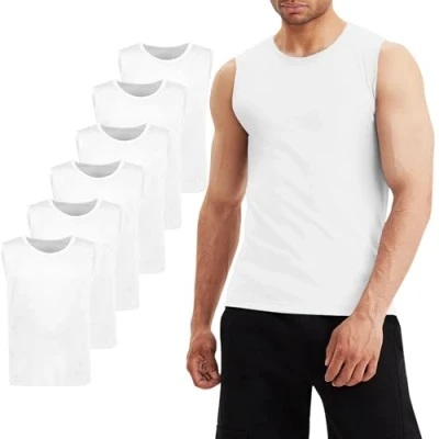 Immagine di LiKing Pacco da 6 Canotta Uomo,100% Cotone,Tank Top Sportive Allenamento Canotte Elasticizzato Stringer Vest,Senza Maniche,con Scollo Rotondo,Casual estive Smanicato Uomo Bianco 2XL